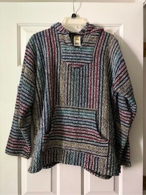 Bohemian Striped V-Neck Hooded Sweater - Multicolor